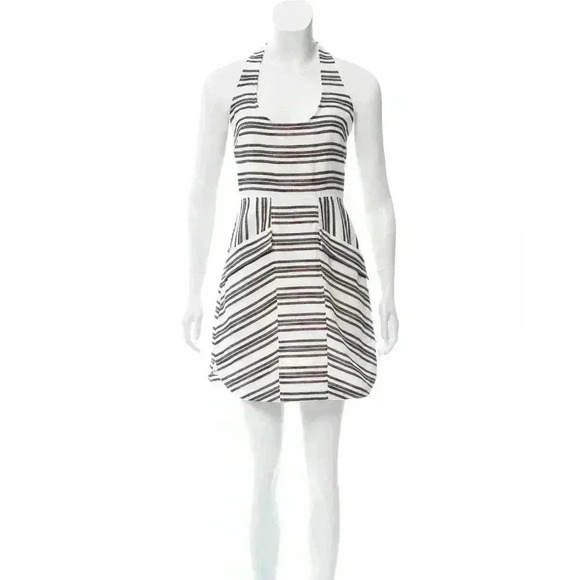 A.L.C White/Black Striped Halter Neck Front Pocket Mini Dress Size 4 - Picture 2 of 14